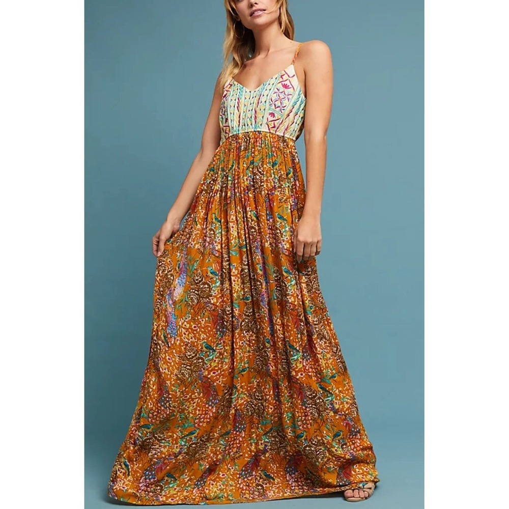 Anthropologie Raga Parkland Peacock Floral Boho Maxi Embroidered Dress Sz L